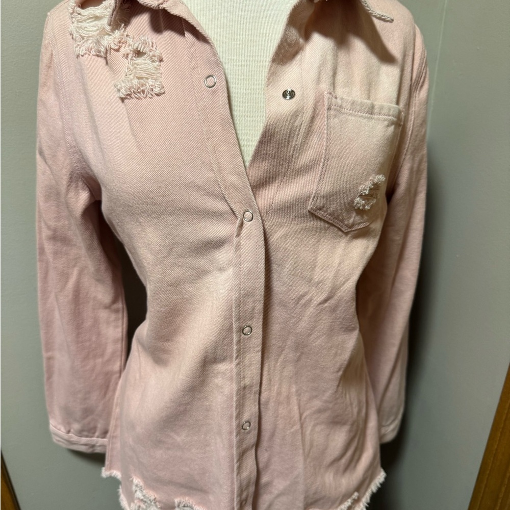 Women's Pink Distressed Button-Front Shirt Jacket